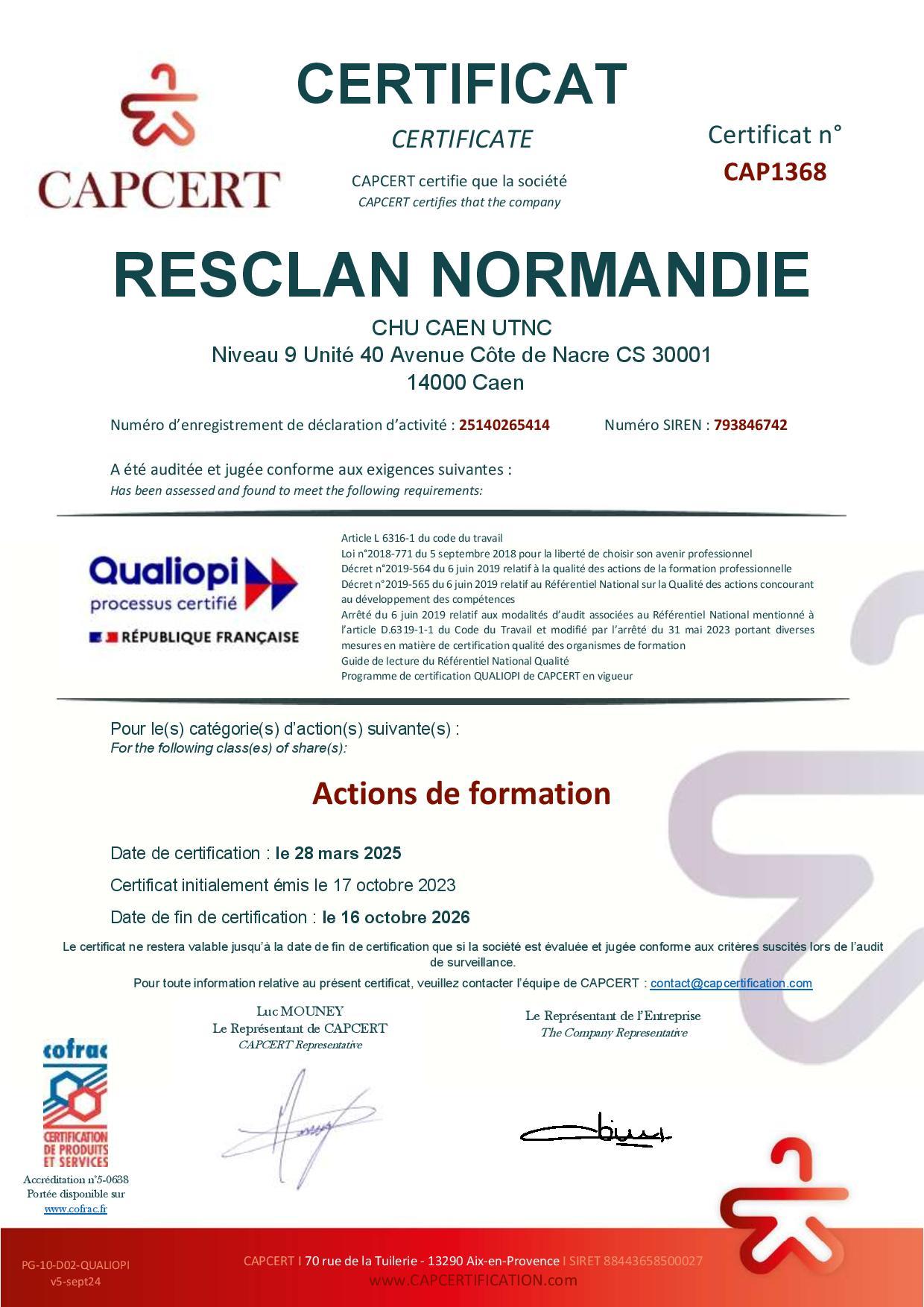 Certificat qualiopi resclan normandie cap1368 2025 page 001